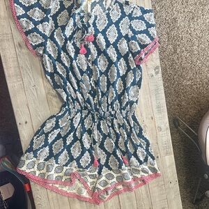 Matilda Jane Navy and Cream Printed Romper with Pink Trim